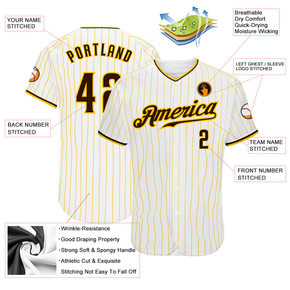 Custom White Gold Pinstripe Brown-Gold Authentic Baseball Jersey - Sky-Custom
