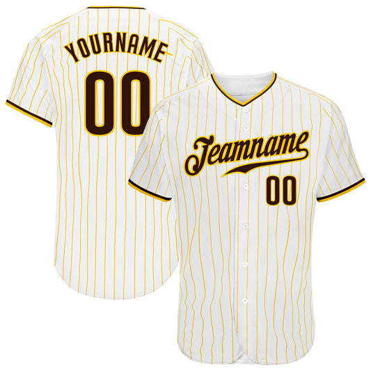 Custom White Gold Pinstripe Brown-Gold Authentic Baseball Jersey - Sky-Custom