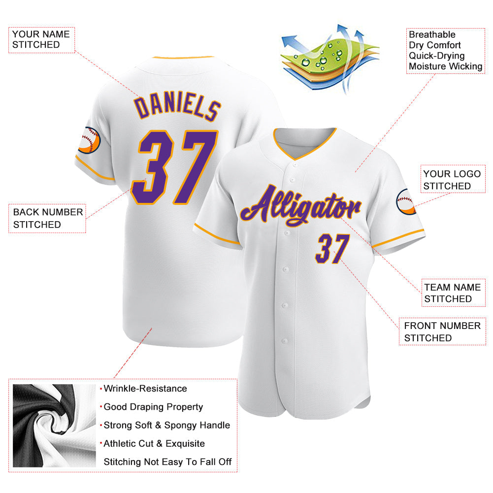 Custom White Purple-Gold Authentic Baseball Jersey - Sky-Custom