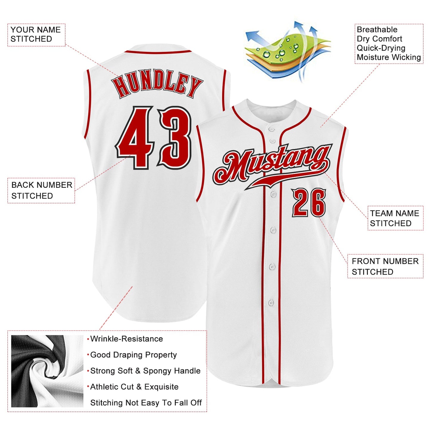 Custom White Red-Black Authentic Sleeveless Baseball Jersey - Sky-Custom