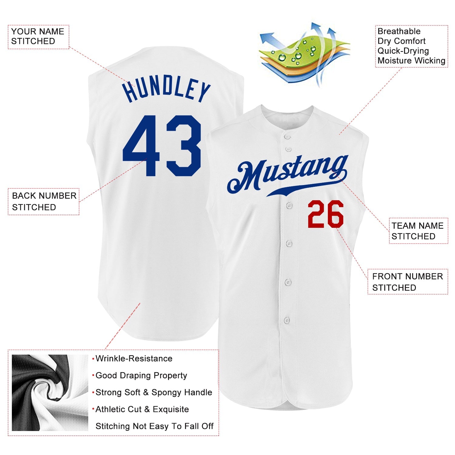 Custom White Royal-Red Authentic Sleeveless Baseball Jersey - Sky-Custom