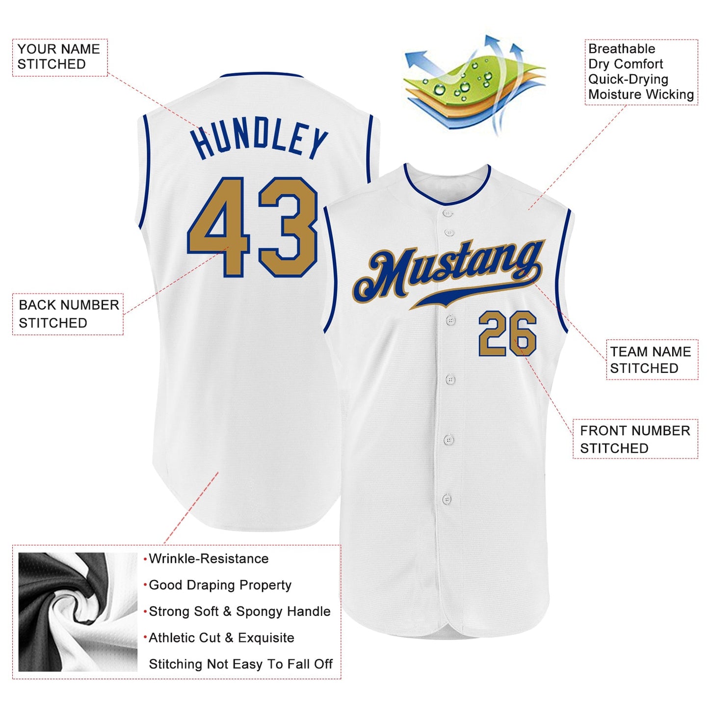 Custom White Old Gold-Royal Authentic Sleeveless Baseball Jersey - Sky-Custom