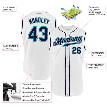 Custom White Navy-Teal Authentic Sleeveless Baseball Jersey - Sky-Custom