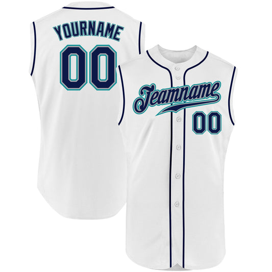 Custom White Navy-Teal Authentic Sleeveless Baseball Jersey - Sky-Custom