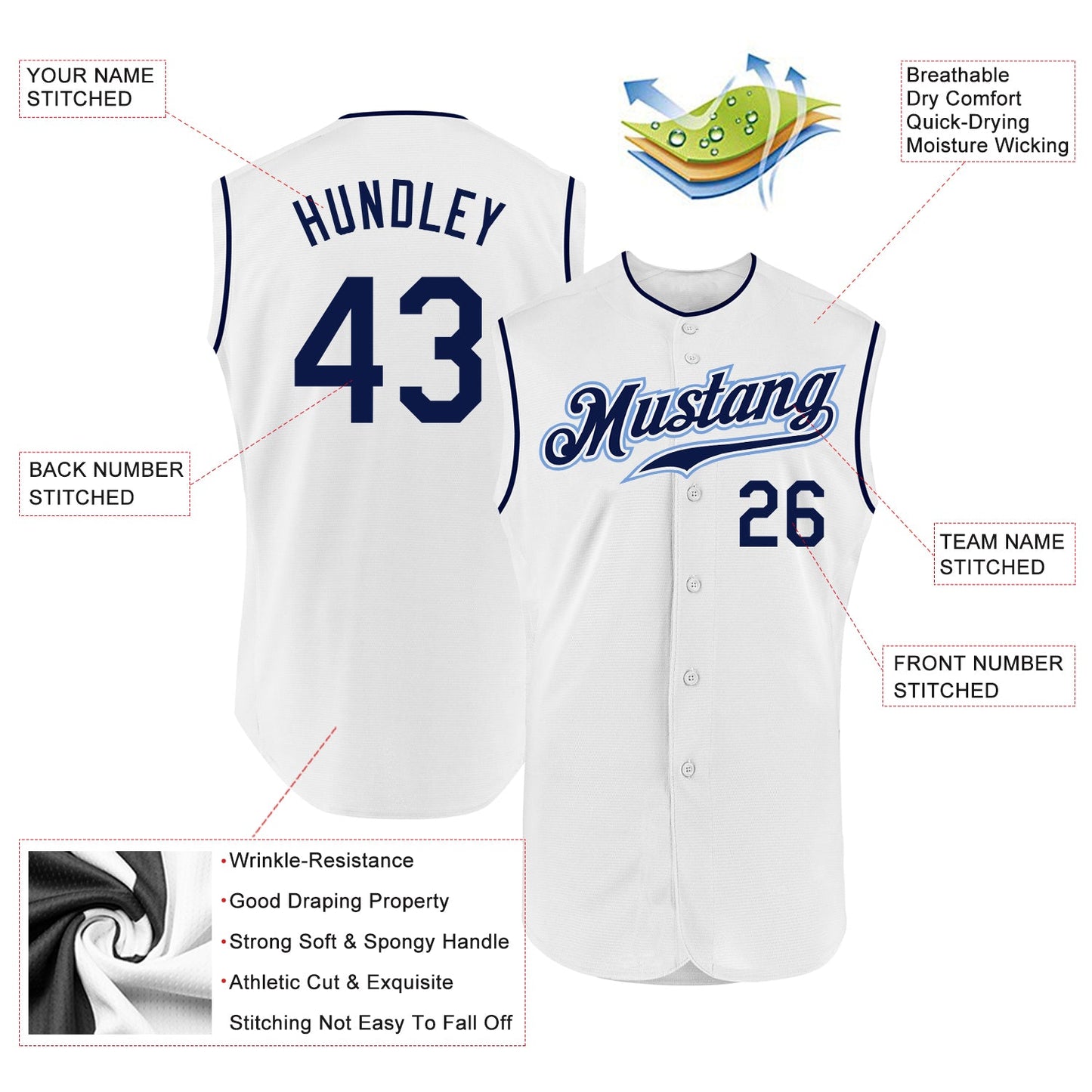 Custom White Navy Authentic Sleeveless Baseball Jersey - Sky-Custom