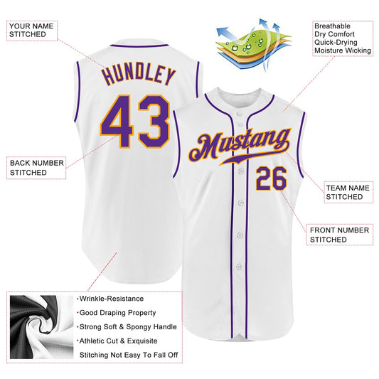 Custom White Purple-Gold Authentic Sleeveless Baseball Jersey - Sky-Custom