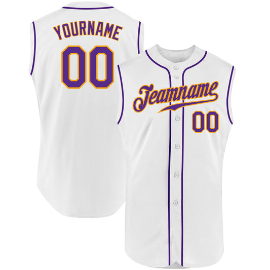 Custom White Purple-Gold Authentic Sleeveless Baseball Jersey - Sky-Custom