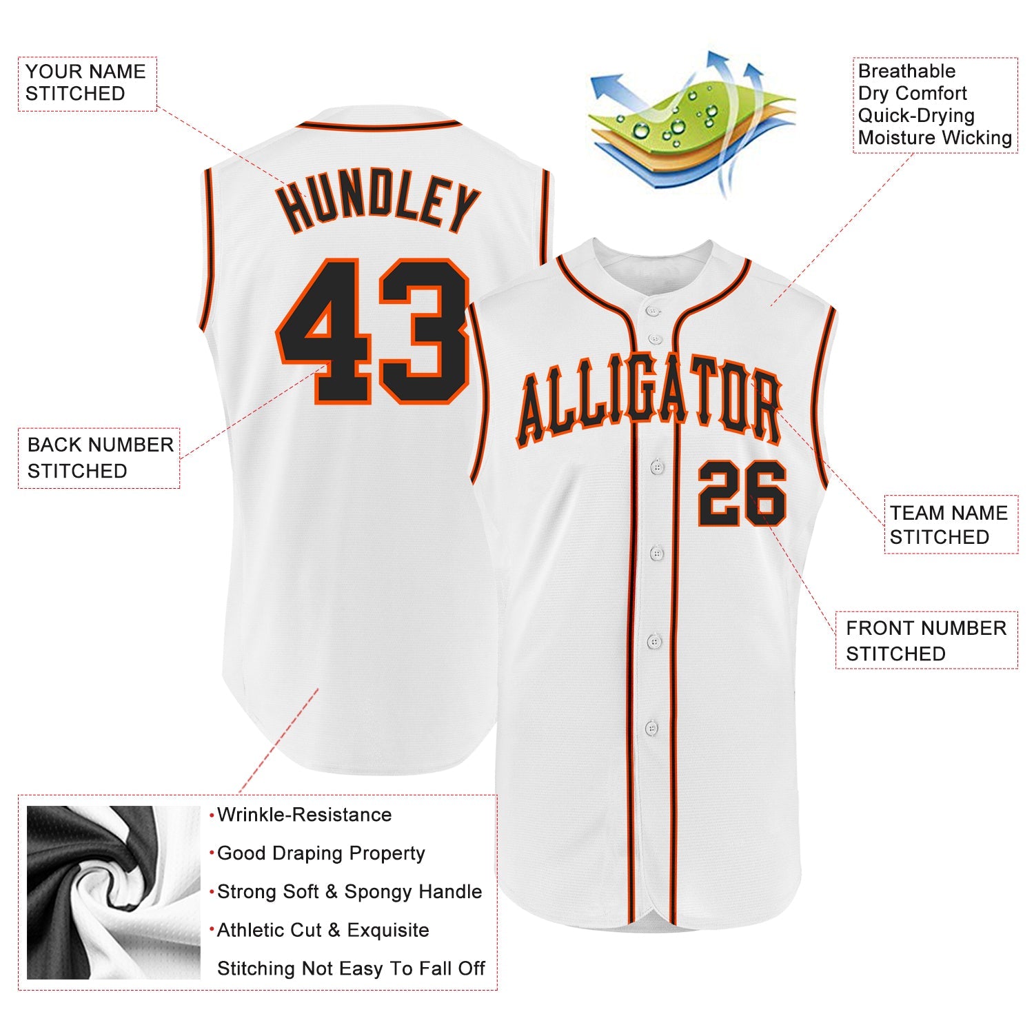 Custom White Black-Orange Authentic Sleeveless Baseball Jersey - Sky-Custom