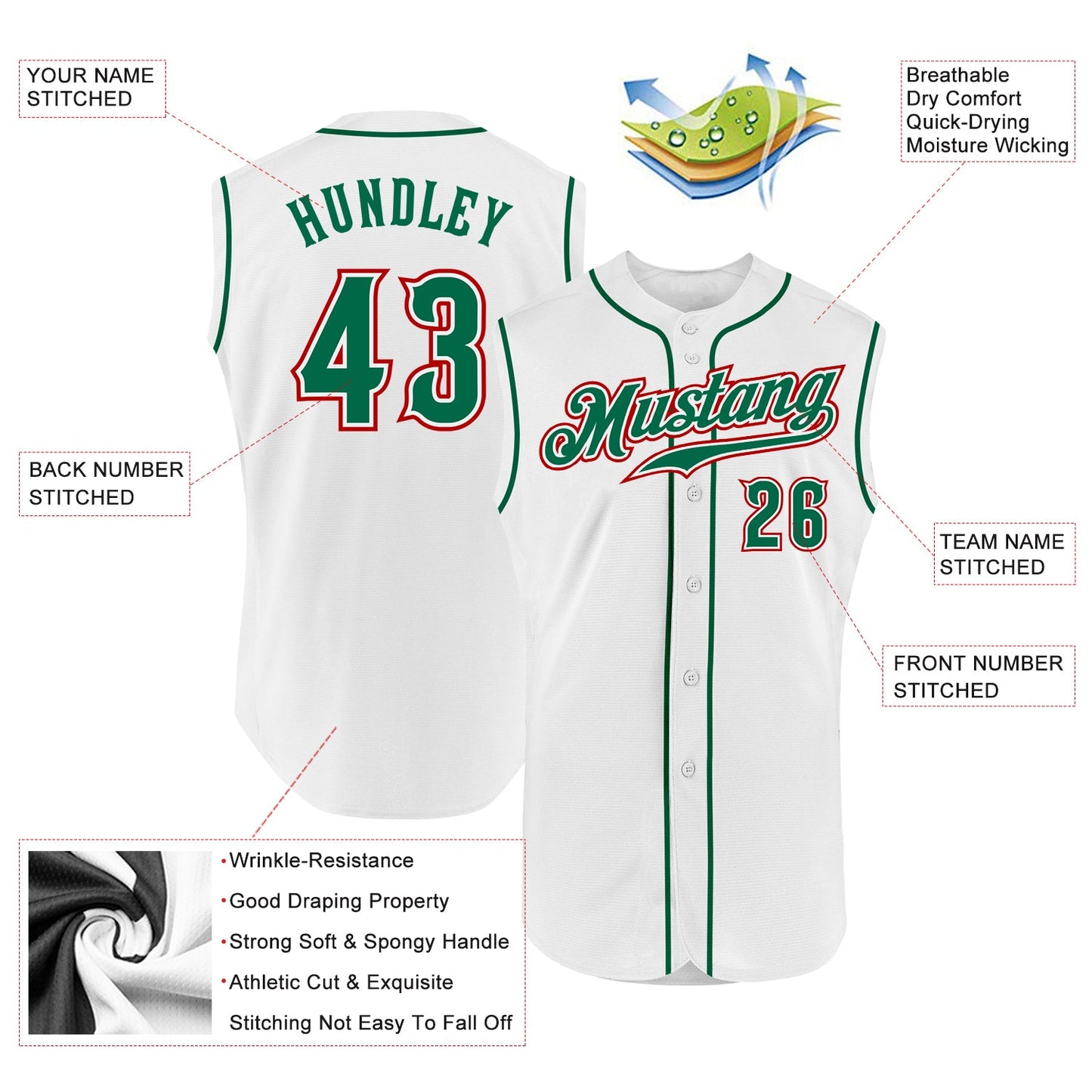 Custom White Kelly Green-Red Authentic Sleeveless Baseball Jersey - Sky-Custom