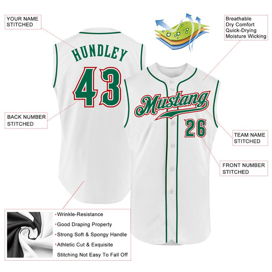 Custom White Kelly Green-Red Authentic Sleeveless Baseball Jersey - Sky-Custom