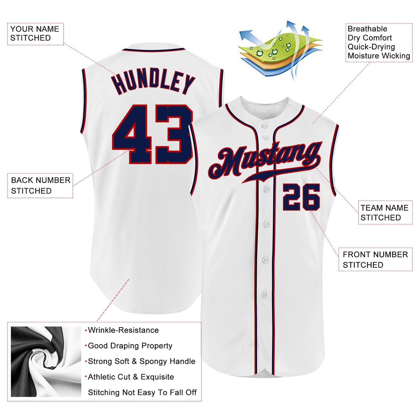 Custom White Navy-Red Authentic Sleeveless Baseball Jersey - Sky-Custom
