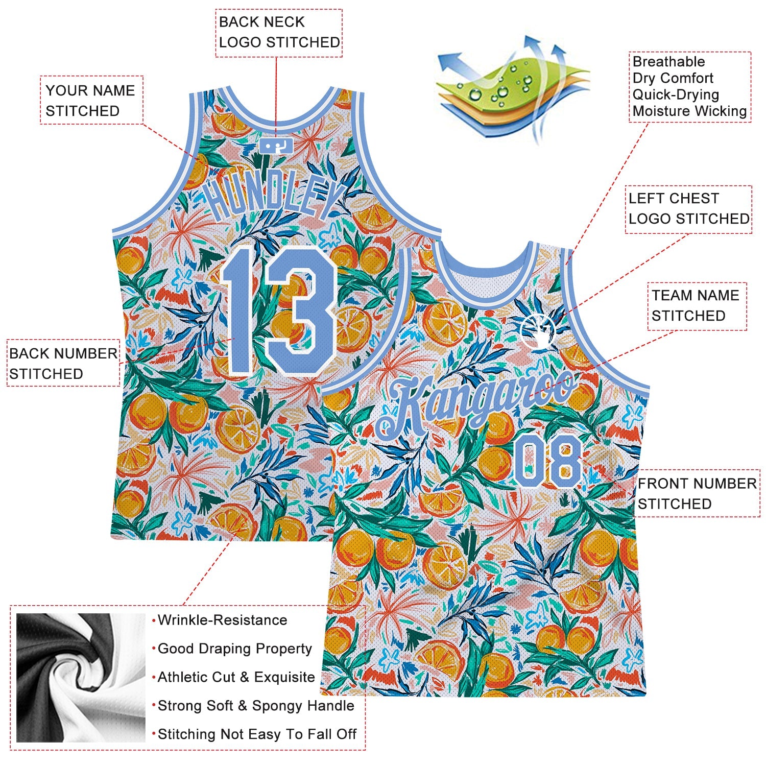 Custom White Light Blue-White 3D Pattern Design Oranges Authentic Basketball Jersey - Sky-Custom