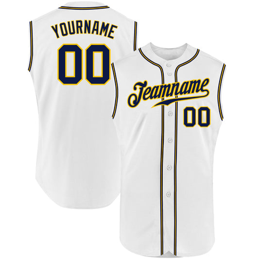 Custom White Navy-Gold Authentic Sleeveless Baseball Jersey - Sky-Custom