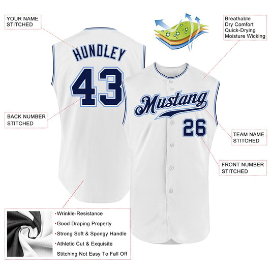 Custom White Navy-Light Blue Authentic Sleeveless Baseball Jersey - Sky-Custom