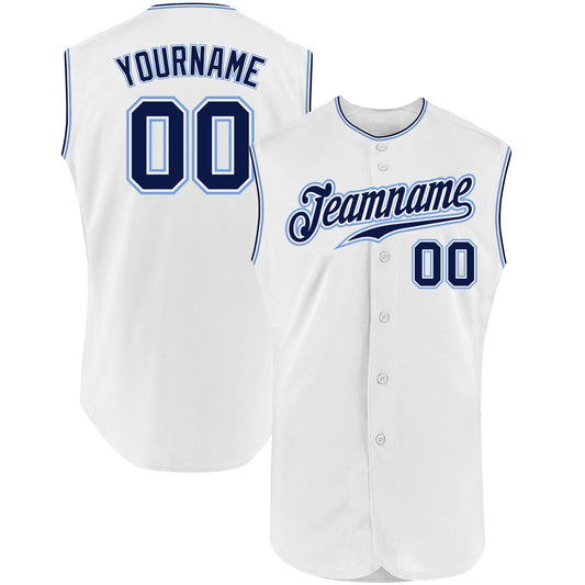 Custom White Navy-Light Blue Authentic Sleeveless Baseball Jersey - Sky-Custom