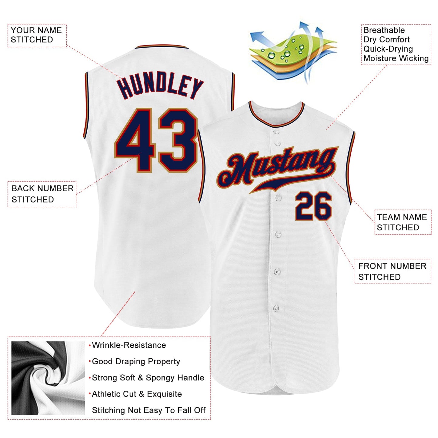 Custom White Navy-Old Gold Authentic Sleeveless Baseball Jersey - Sky-Custom