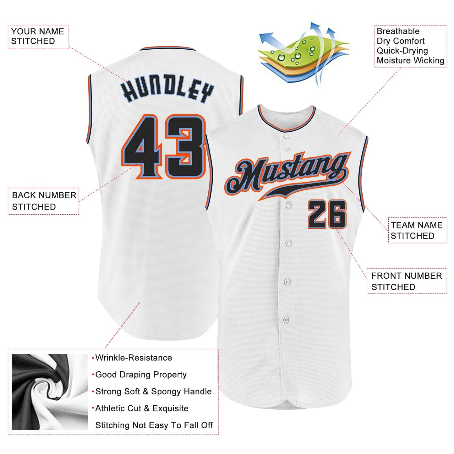 Custom White Black-Orange Authentic Sleeveless Baseball Jersey - Sky-Custom