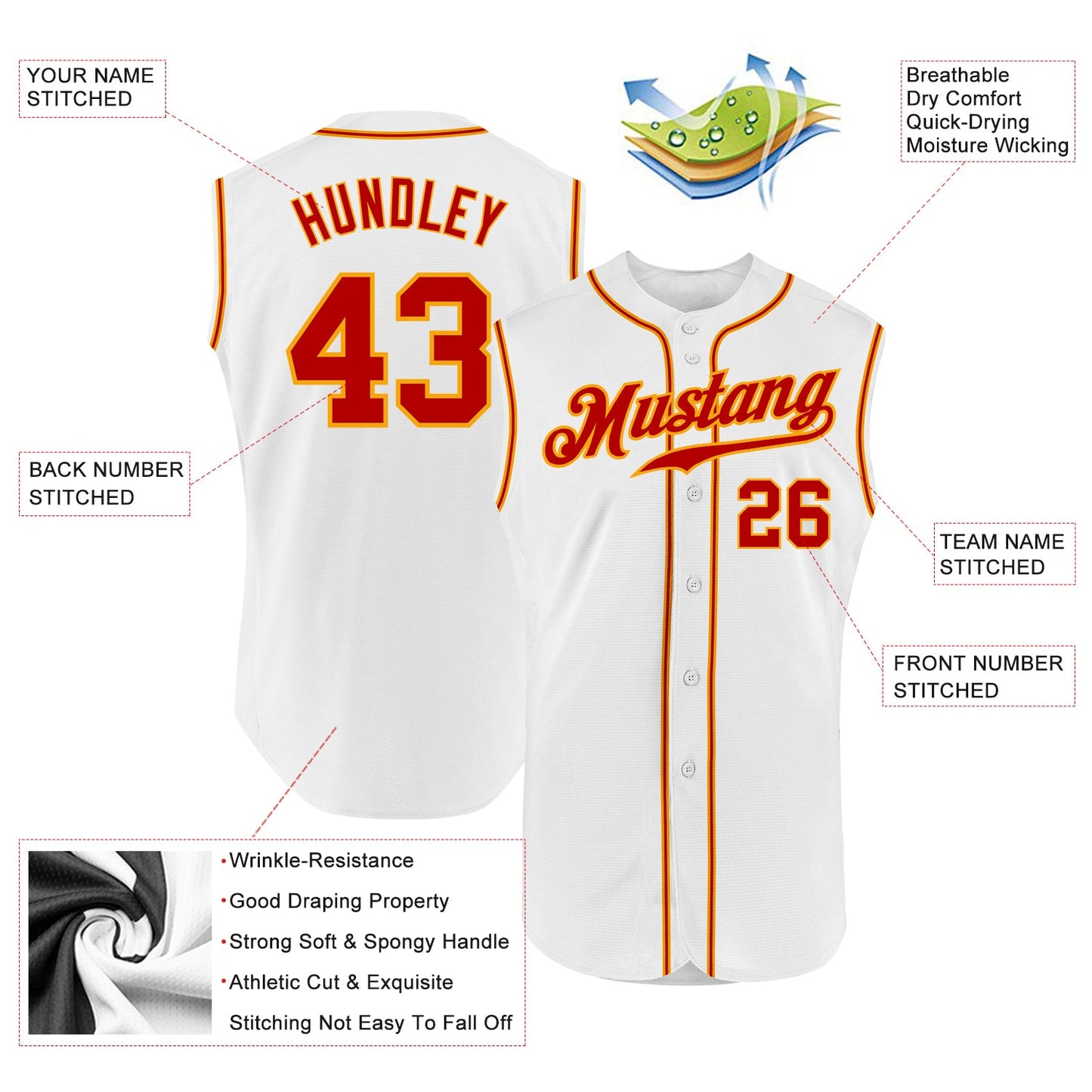 Custom White Red-Gold Authentic Sleeveless Baseball Jersey - Sky-Custom