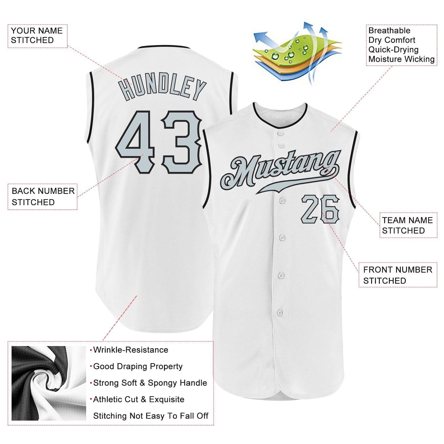 Custom White Silver-Black Authentic Sleeveless Baseball Jersey - Sky-Custom