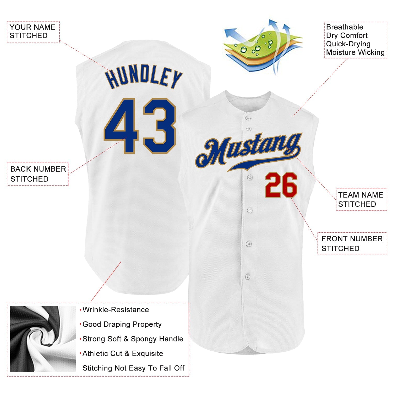Custom White Royal-Old Gold Authentic Sleeveless Baseball Jersey - Sky-Custom