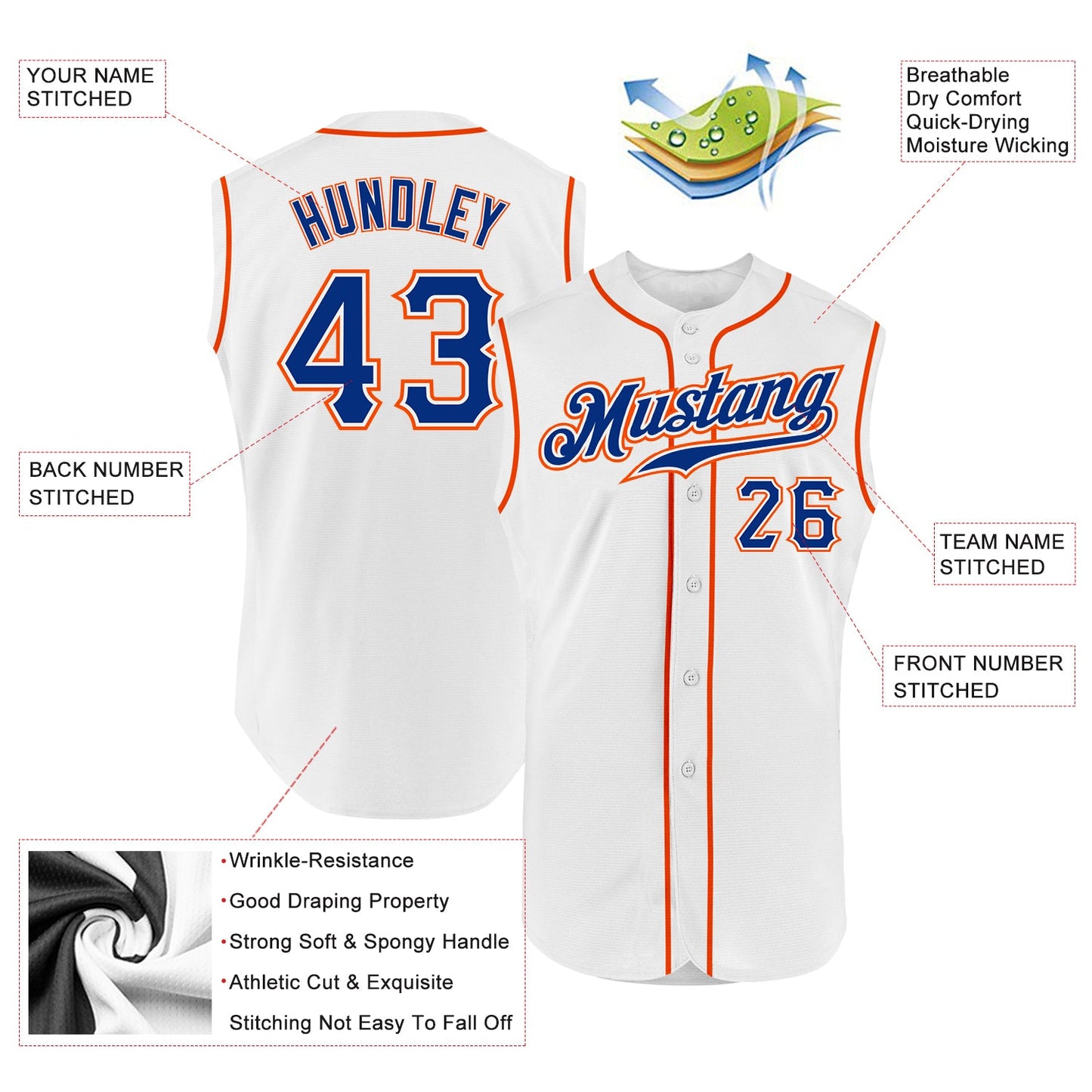 Custom White Royal-Orange Authentic Sleeveless Baseball Jersey - Sky-Custom