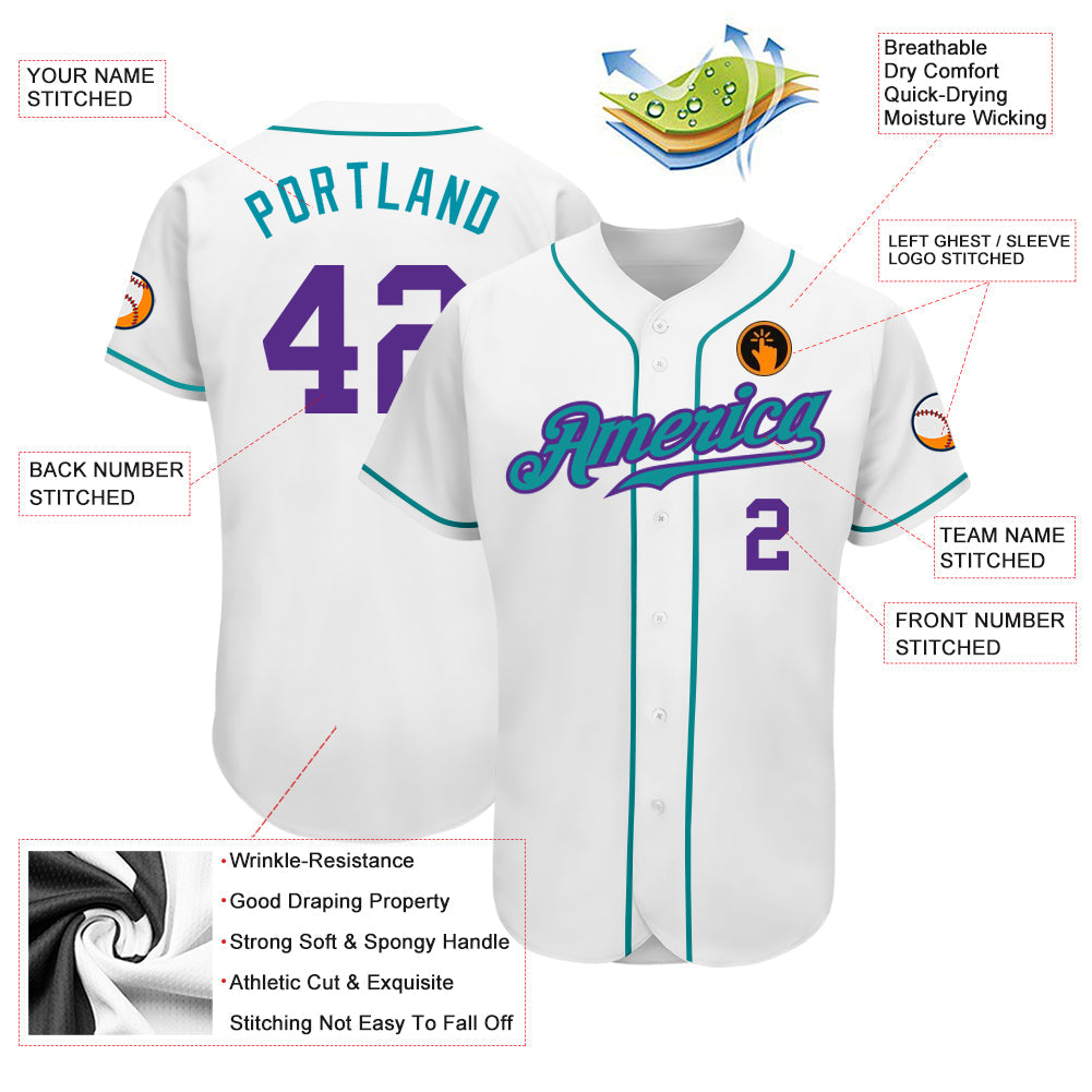 Custom White Purple-Teal Authentic Baseball Jersey - Sky-Custom