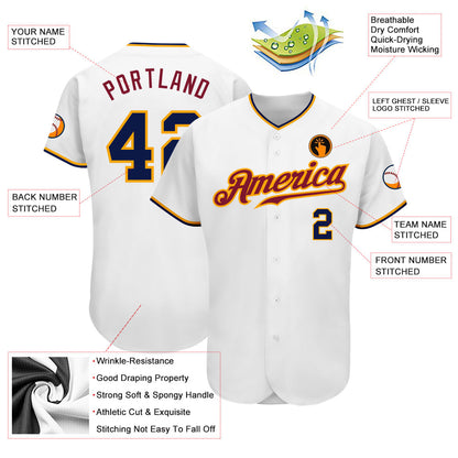 Custom White Navy-Gold Authentic Baseball Jersey - Sky-Custom