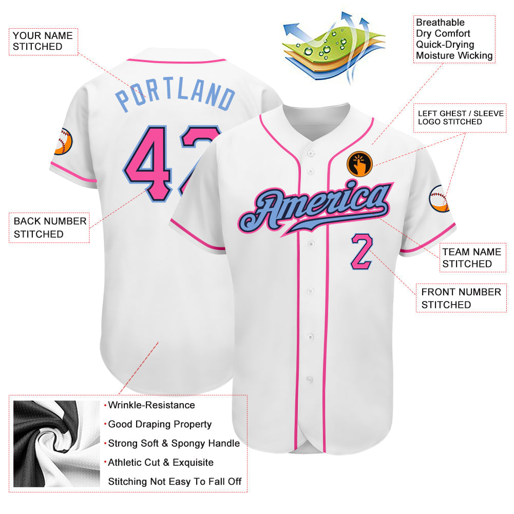 Custom White Pink-Light Blue Authentic Baseball Jersey - Sky-Custom
