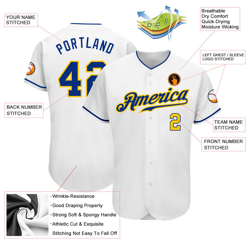 Custom White Royal-Gold Authentic Baseball Jersey - Sky-Custom