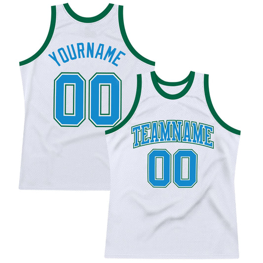 Custom White Blue-Kelly Green Authentic Throwback Basketball Jersey - Sky-Custom