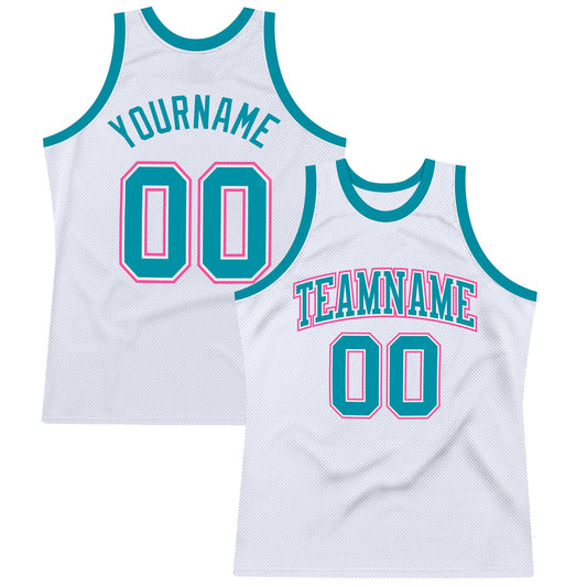 Custom White Teal-Pink Authentic Throwback Basketball Jersey - Sky-Custom