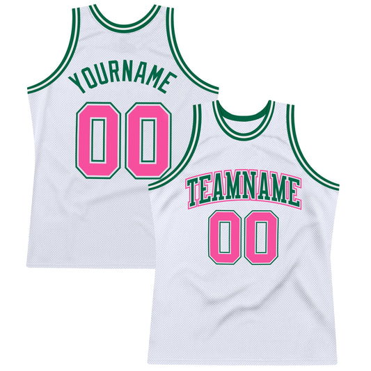 Custom White Pink-Kelly Green Authentic Throwback Basketball Jersey - Sky-Custom