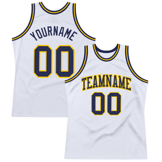 Custom White Navy-Gold Authentic Throwback Basketball Jersey - Sky-Custom