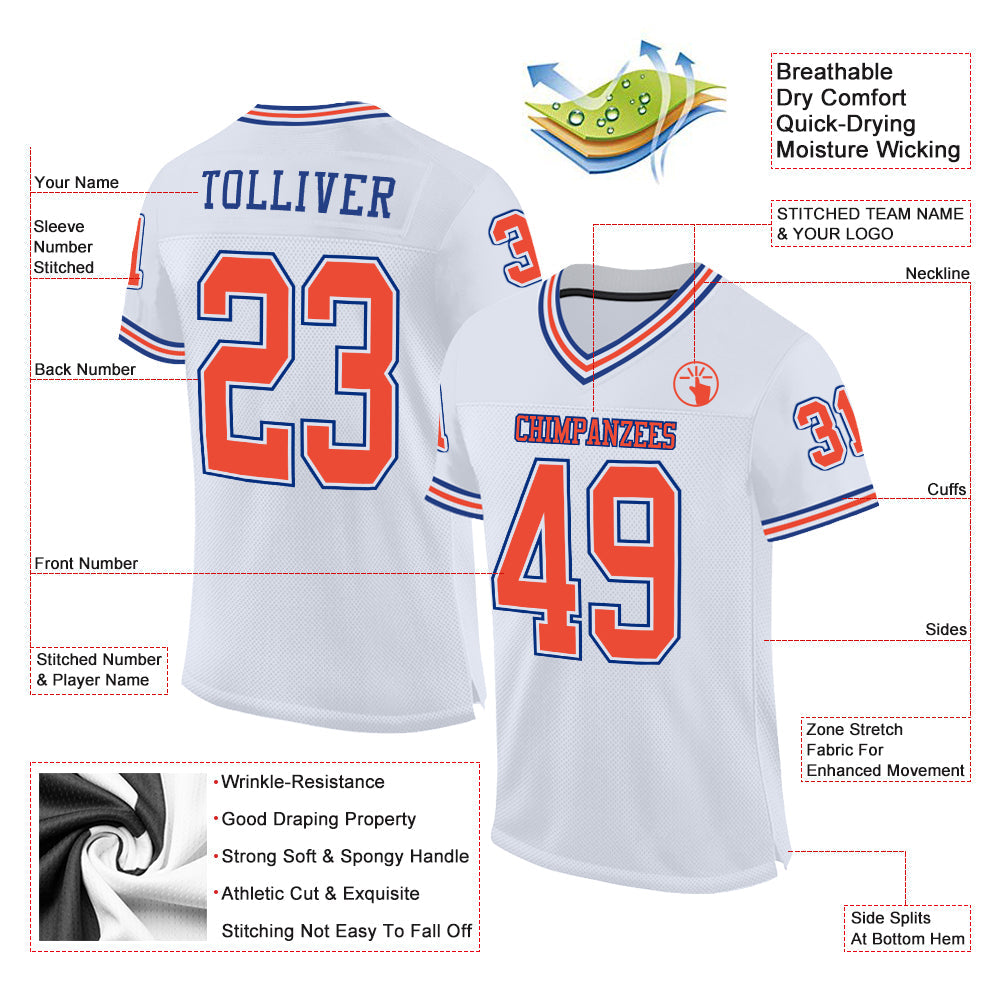 Custom White Orange-Royal Mesh Authentic Throwback Football Jersey - Sky-Custom