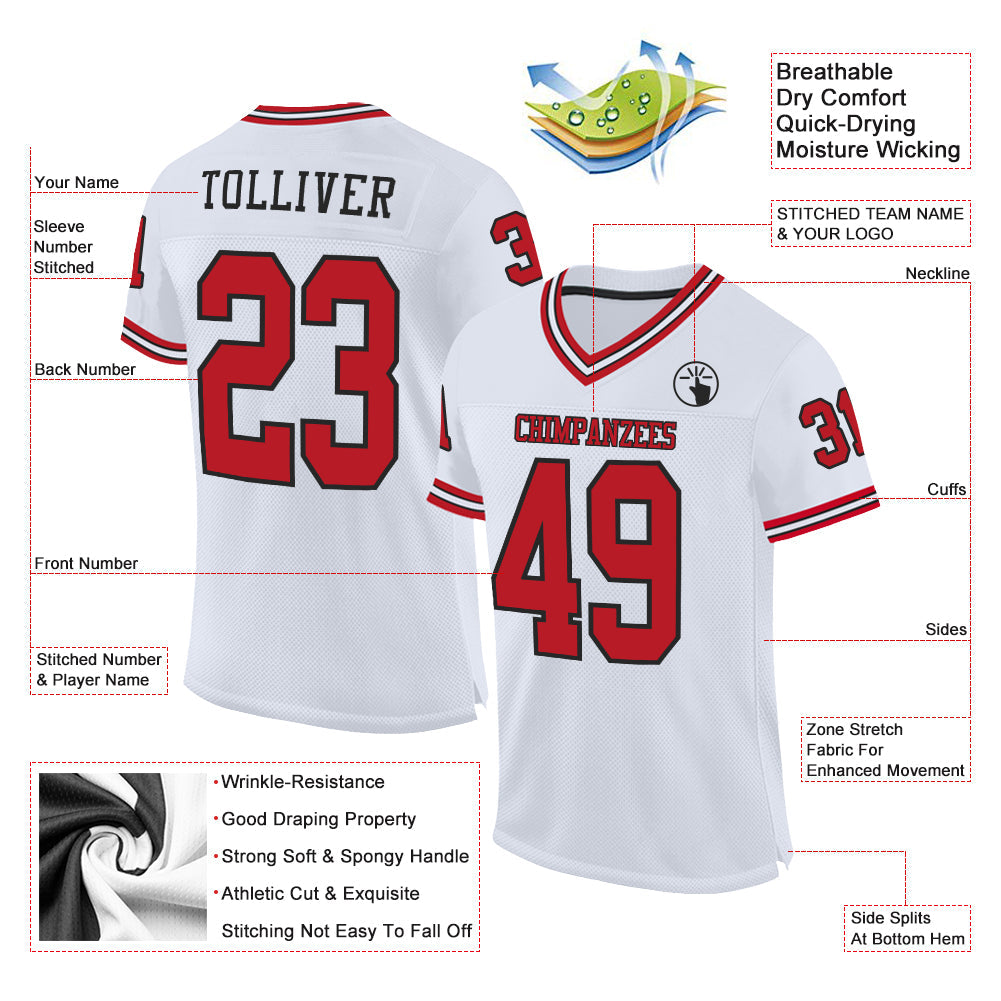 Custom White Red-Black Mesh Authentic Throwback Football Jersey - Sky-Custom