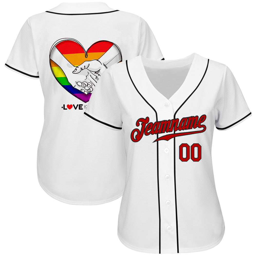 Custom White Red-Black Rainbow Colored Heart For Pride Month Love Is Love LGBT Authentic Baseball Jersey - Sky-Custom
