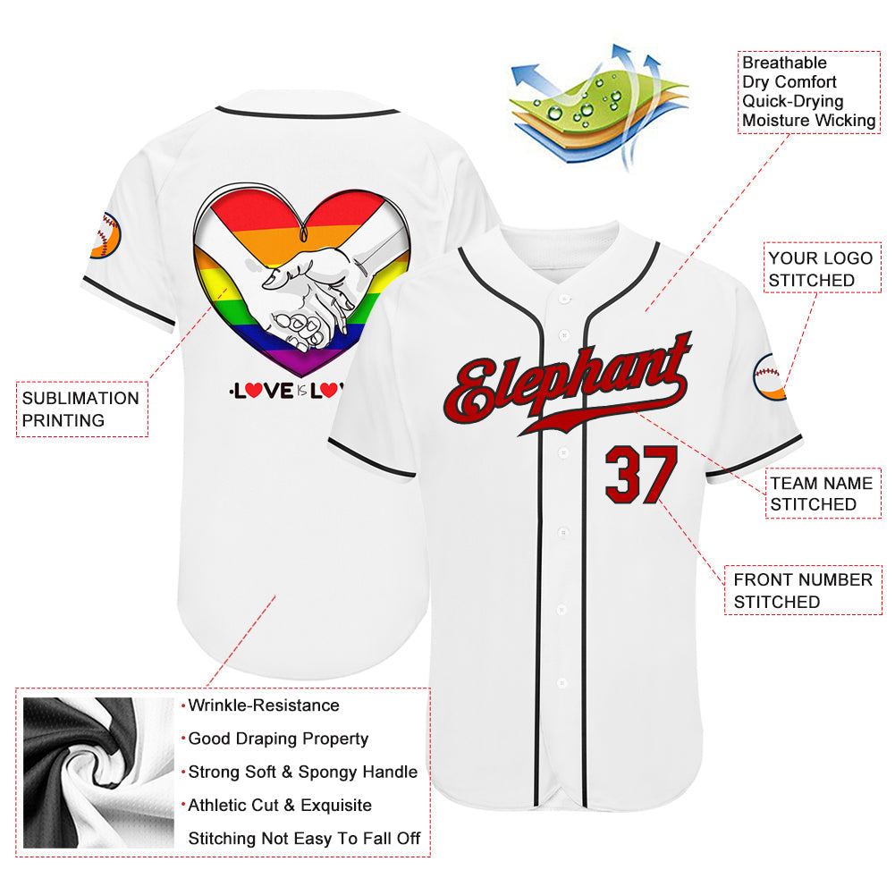 Custom White Red-Black Rainbow Colored Heart For Pride Month Love Is Love LGBT Authentic Baseball Jersey - Sky-Custom