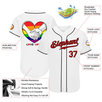 Custom White Red-Black Rainbow Colored Heart For Pride Month Love Is Love LGBT Authentic Baseball Jersey - Sky-Custom