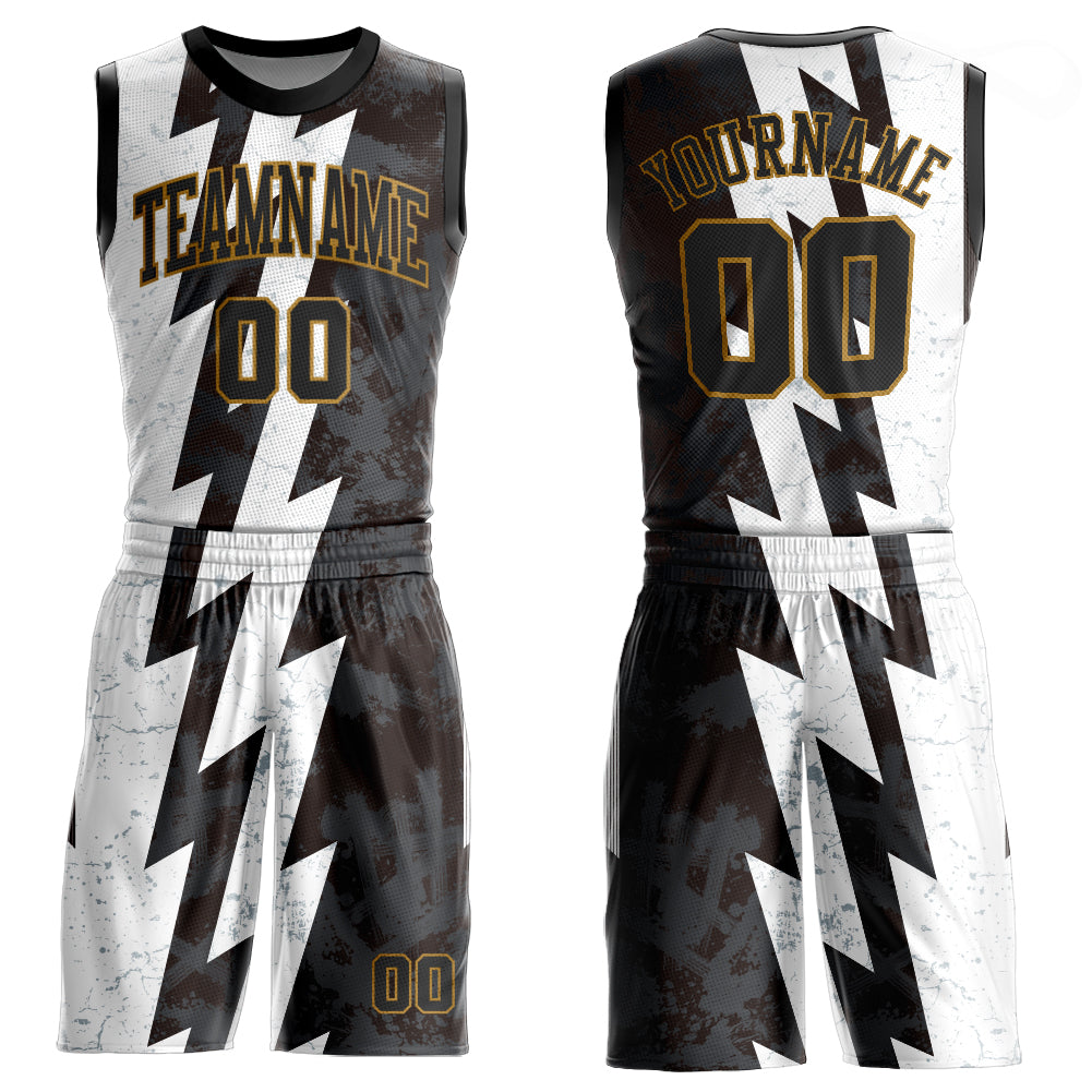 Custom White Black-Old Gold Round Neck Sublimation Basketball Suit Jersey - Sky-Custom