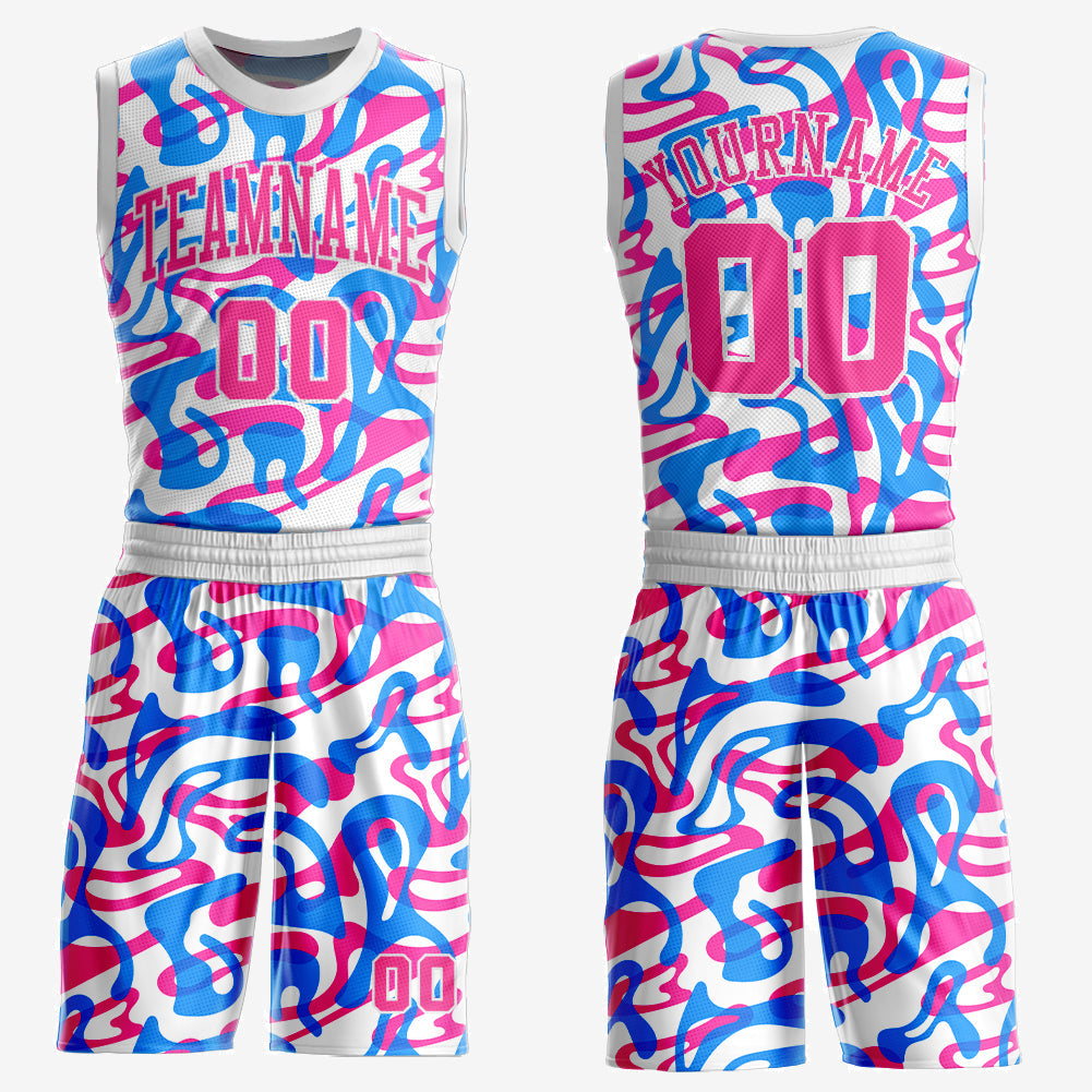 Custom White Pink-Light Blue Music Festival Round Neck Sublimation Basketball Suit Jersey - Sky-Custom