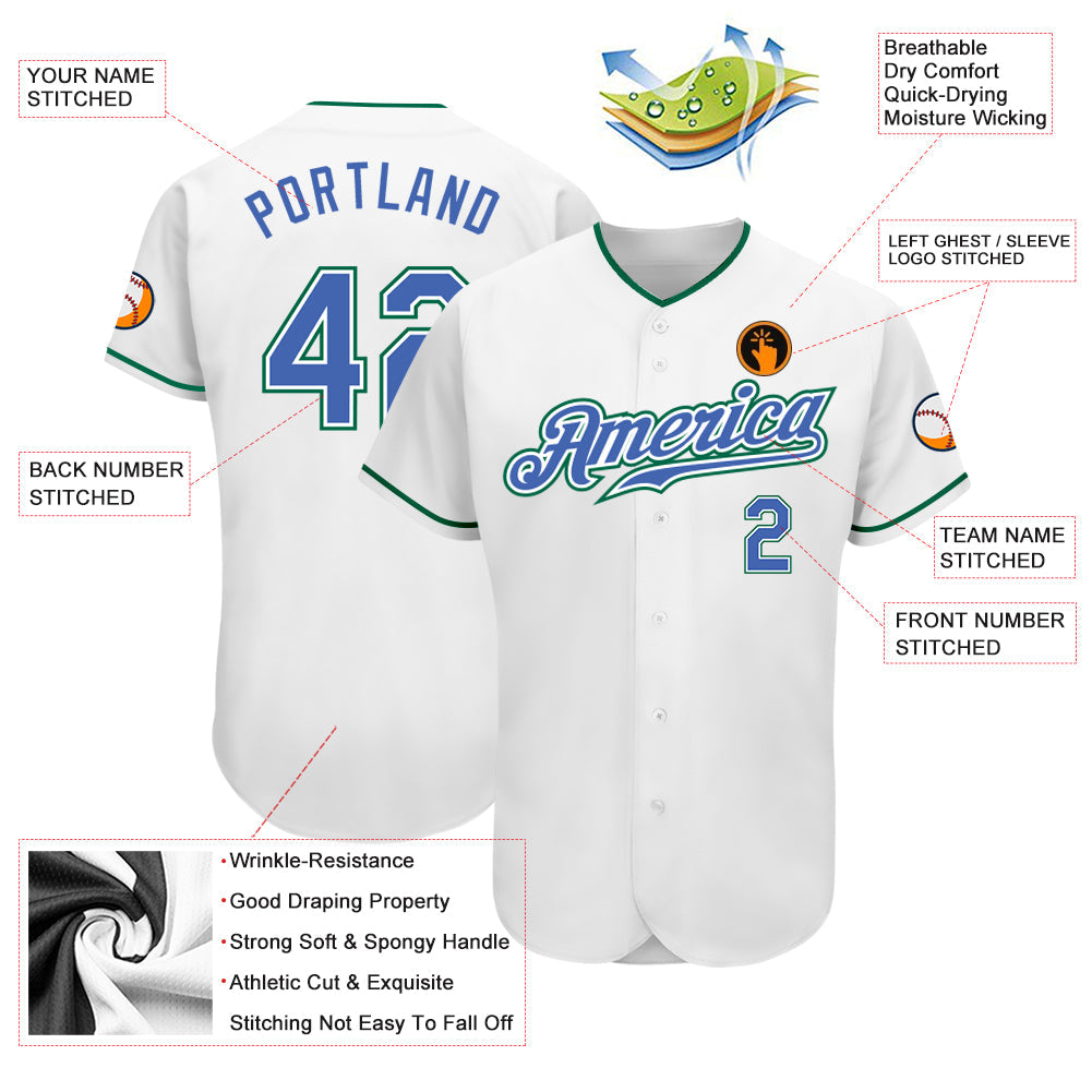 Custom White Blue-Kelly Green Authentic Baseball Jersey - Sky-Custom