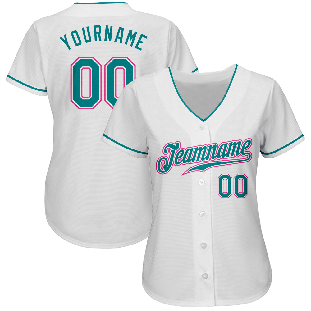 Custom White Teal-Pink Authentic Baseball Jersey - Sky-Custom