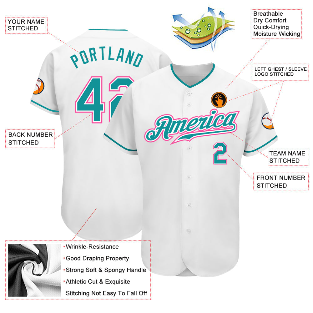 Custom White Teal-Pink Authentic Baseball Jersey - Sky-Custom