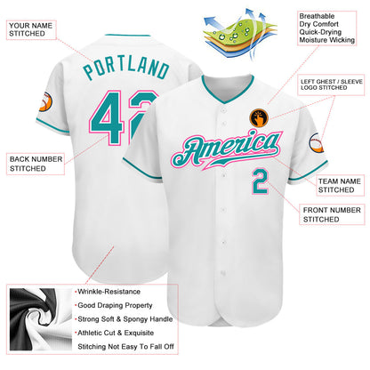 Custom White Teal-Pink Authentic Baseball Jersey - Sky-Custom