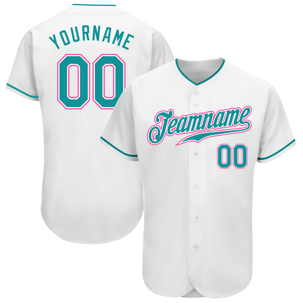 Custom White Teal-Pink Authentic Baseball Jersey - Sky-Custom