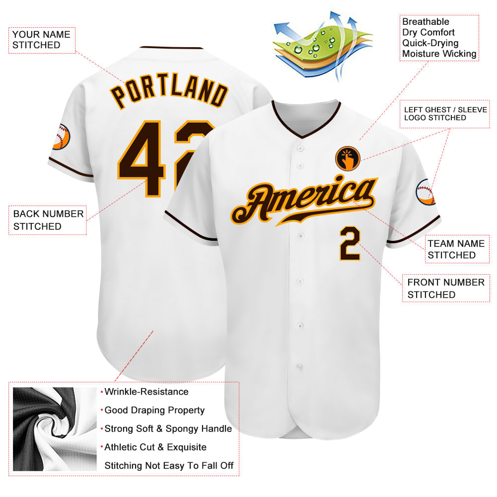 Custom White Brown-Gold Authentic Baseball Jersey - Sky-Custom