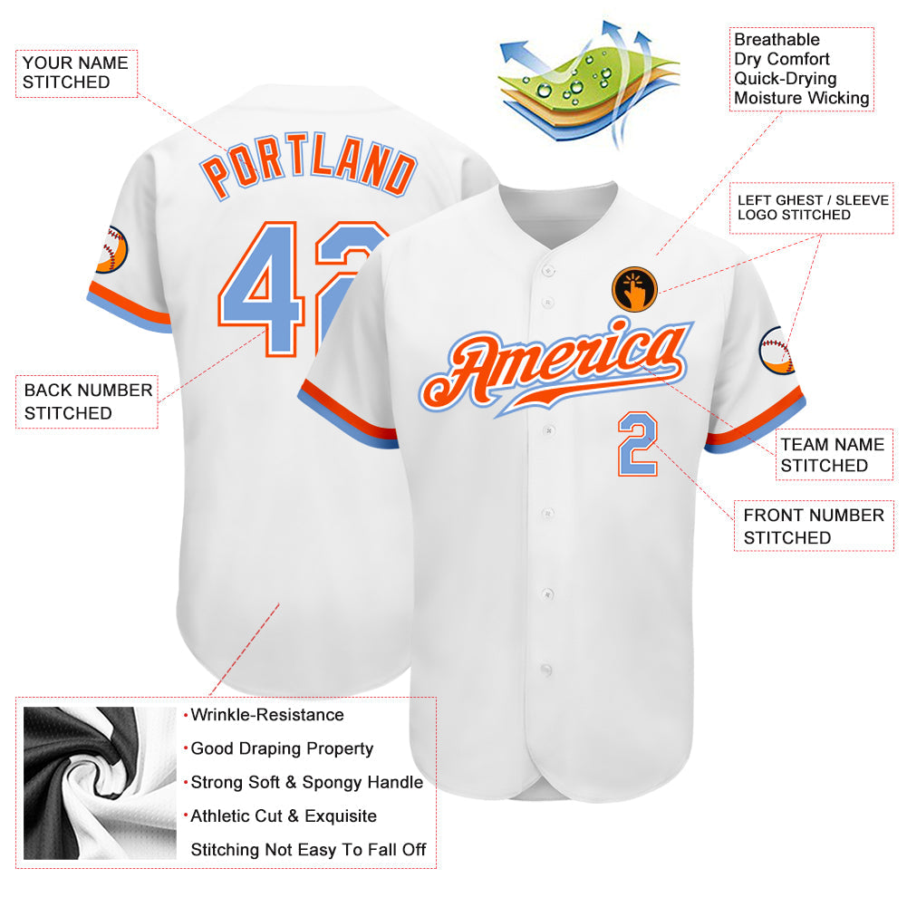 Custom White Powder Blue-Orange Authentic Baseball Jersey - Sky-Custom