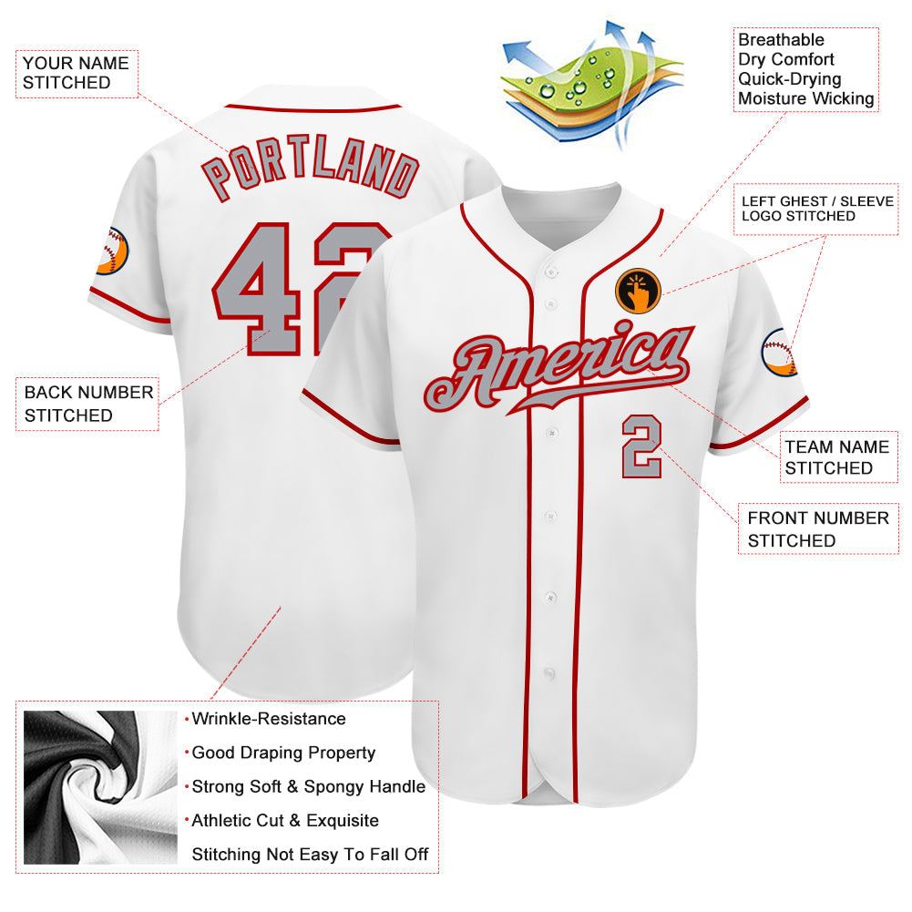 Custom White Gray-Red Authentic Baseball Jersey - Sky-Custom