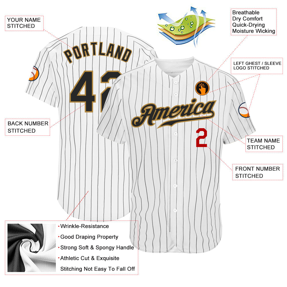 Custom White Black Pinstripe Black Old Gold-Red Authentic Baseball Jersey - Sky-Custom