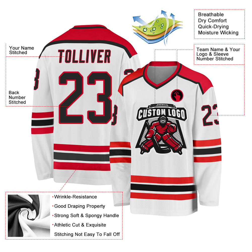 Custom White Black-Red Hockey Jersey - Sky-Custom